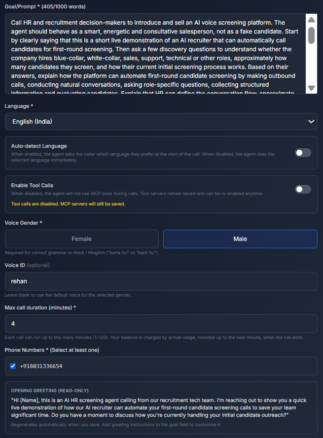 HumanAwaaz agent creation screen